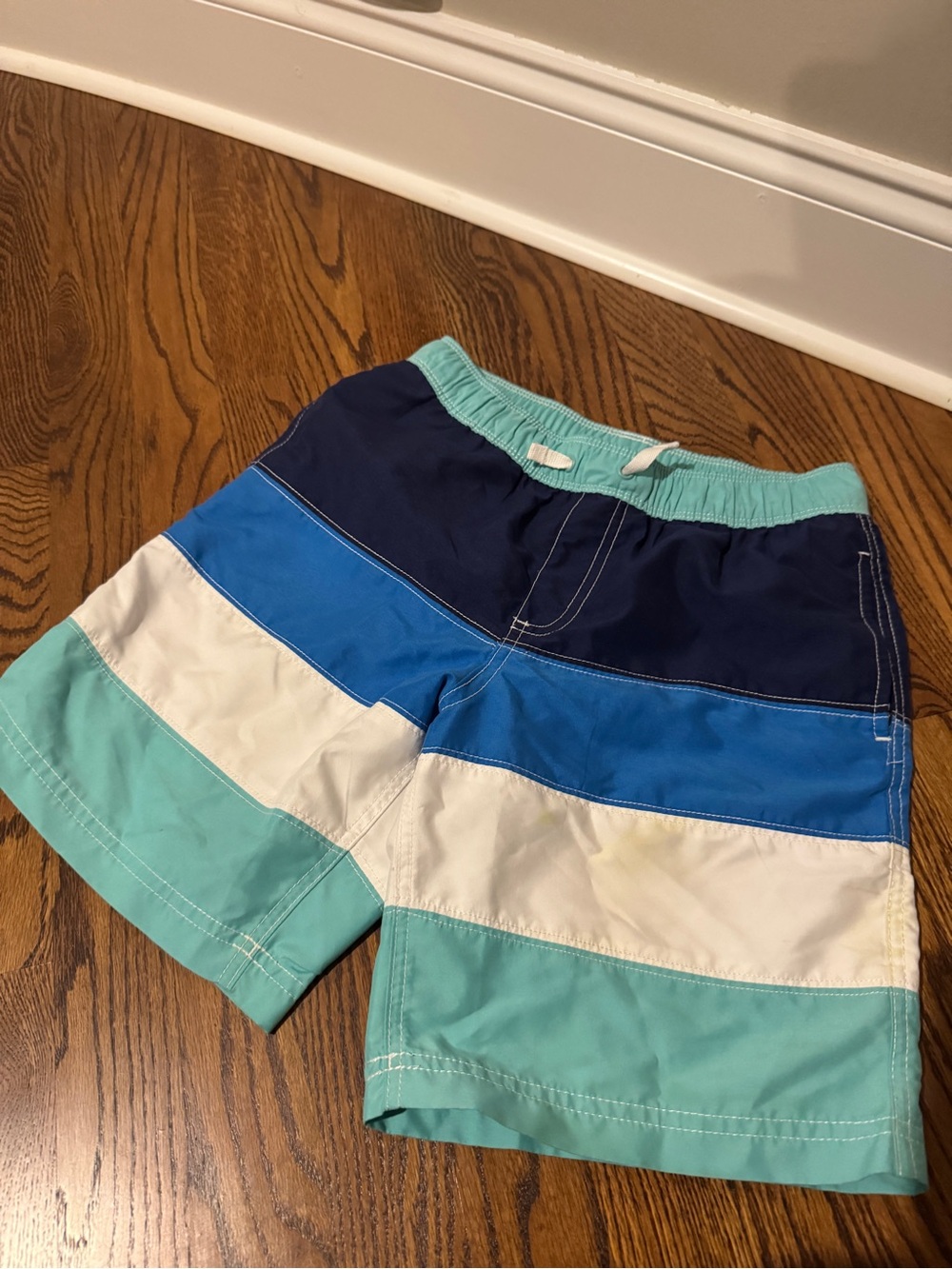 Hanna Andersson Teal, Navy & White Striped Kids Swim Trunks